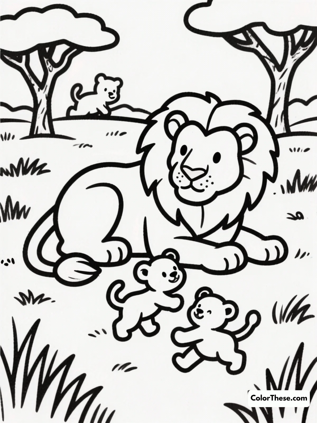 Free printable lioness with cubs coloring page for kids and adults. Download the Lioness with Cubs coloring page—perfect for all ages! Enjoy this printable PDF featuring a caring lioness and her playful cubs. Free to print and color.