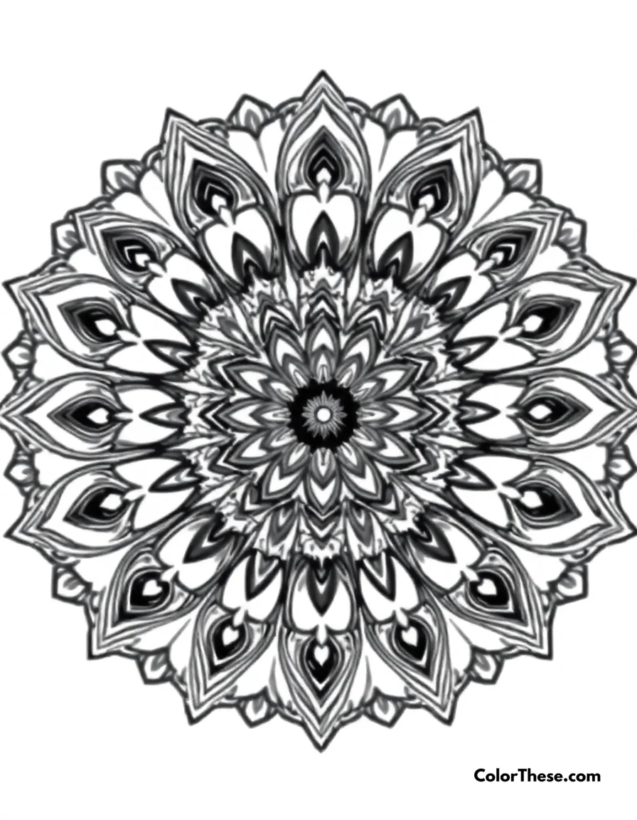 Free printable peacock mandala with feather patterns coloring page for kids and adults. Relax and create with our Peacock Mandala with Feather Patterns coloring page—free to download and print for adults who love intricate, beautiful designs.