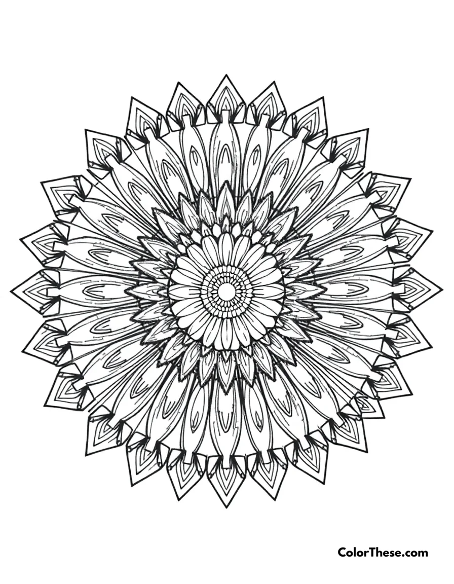 Free printable sunburst mandala with rays coloring page for kids and adults. Download the Sunburst Mandala with Rays coloring page—an intricate, free printable PDF for all ages. Relax, color, and bring radiant patterns to life today!