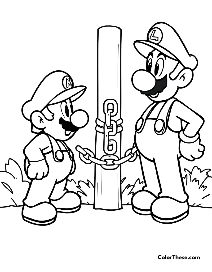 Mario and Luigi with a Chain Chomp coloring page