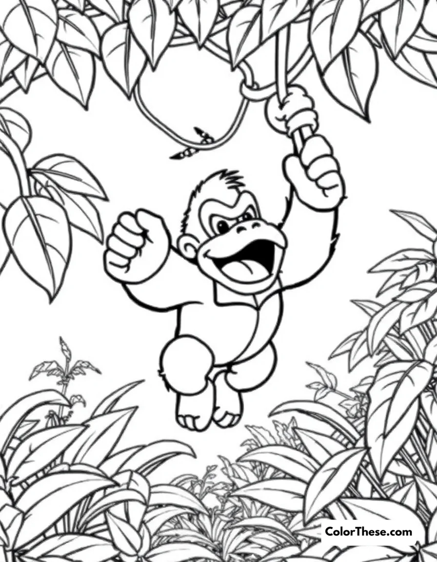 Free printable donkey kong swinging on a vine coloring page for kids and adults. Download this free Donkey Kong Swinging on a Vine coloring page! Perfect for kids who love video games—print the PDF and color Donkey Kong’s jungle adventure.
