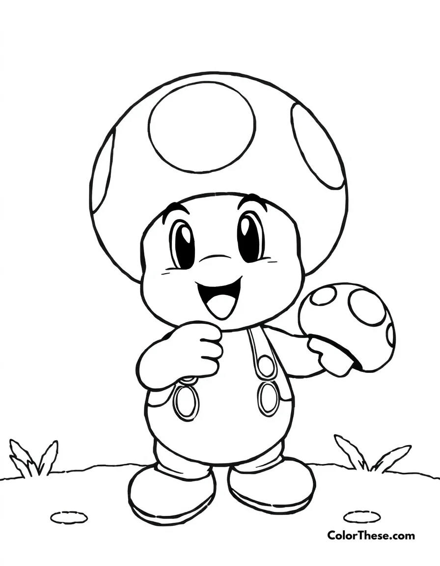 Free printable toad with a super mushroom coloring page for kids and adults. Download our free Toad with a Super Mushroom coloring page! Perfect for kids who love adventures, video games, and creative coloring. Print and play today.