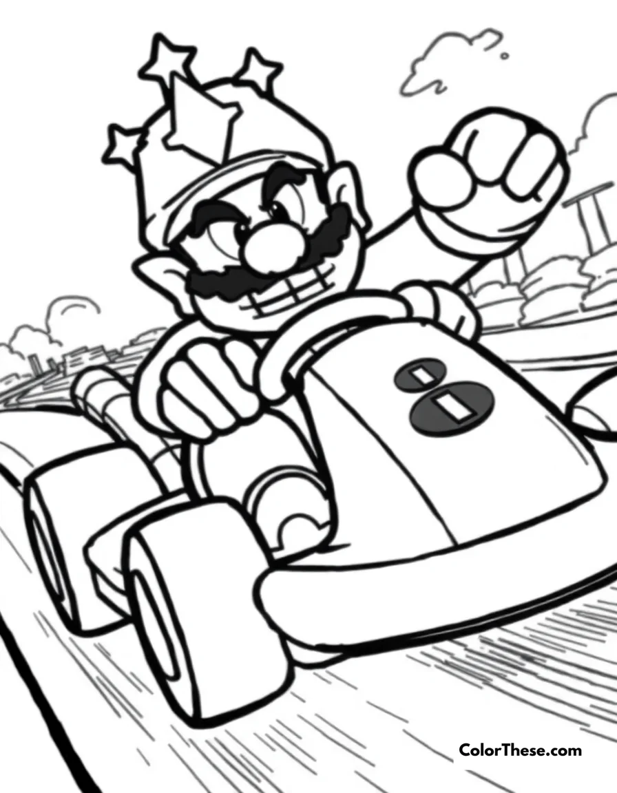 Free printable wario driving a kart coloring page for kids and adults. Download a free Wario Driving a Kart coloring page! Perfect for kids who love Mario Kart—print, color, and race into fun with Wario and his speedy kart.
