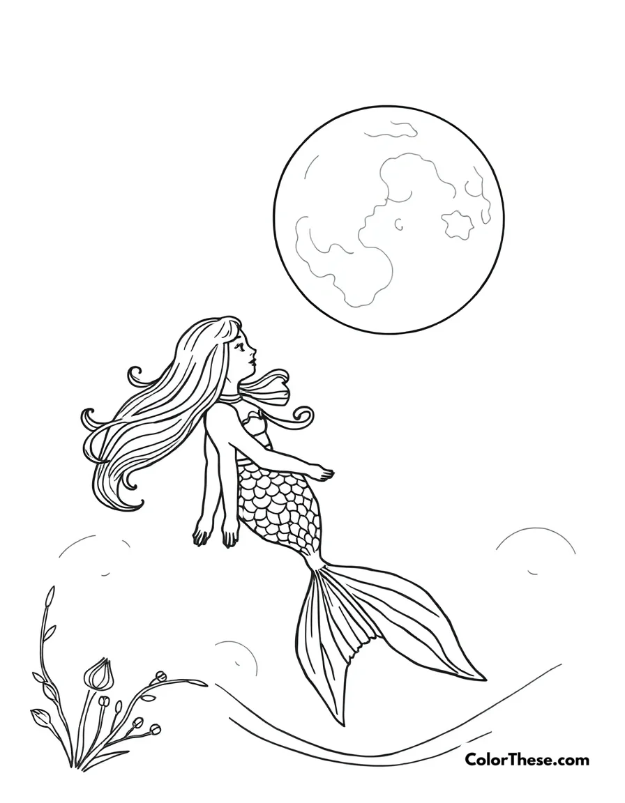 Mermaid in a Moonlit Ocean coloring page