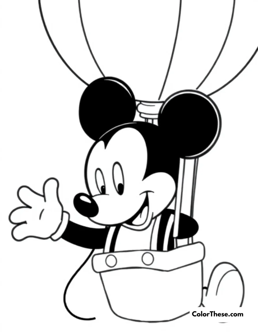 Free printable mickey mouse in a hot air balloon coloring page for kids and adults. Download your free Mickey Mouse in a Hot Air Balloon coloring page! Perfect for kids to print and color, with fun details and easy shapes for creative play.