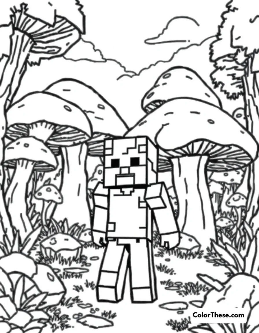 Free printable exploring a mushroom biome coloring page for kids and adults. Download the Exploring a Mushroom Biome coloring page—perfect for kids! Discover giant mushrooms, cute critters, and a magical forest to color and enjoy.