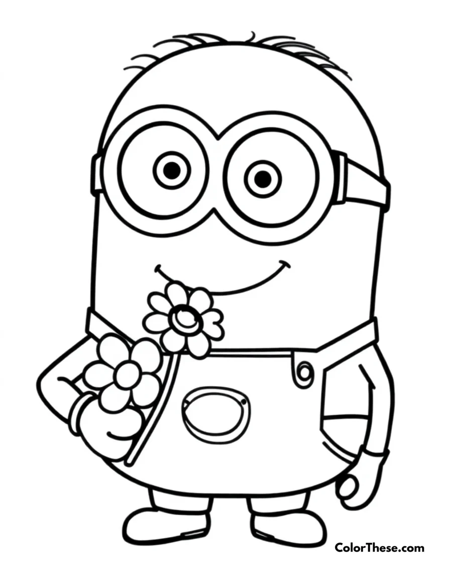 Free printable minion holding a flower coloring page for kids and adults. Bring joy to your day with our Minion Holding a Flower coloring page! Download this free printable PDF for kids and enjoy a fun, easy-to-color Minion scene.