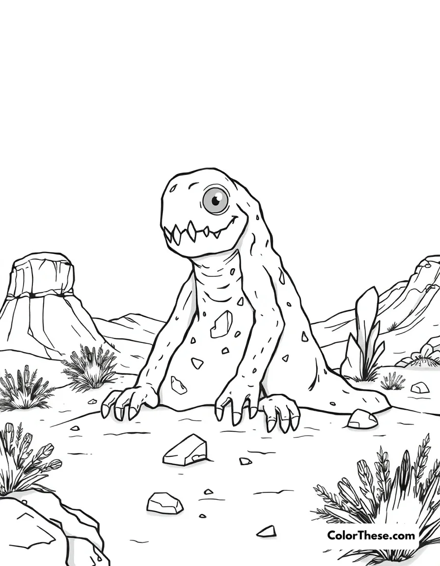 Free printable desert monster coloring page for kids and adults. Download a free Desert Monster coloring page—perfect for all ages! Enjoy creative fun with a quirky monster and desert scene in this printable PDF.