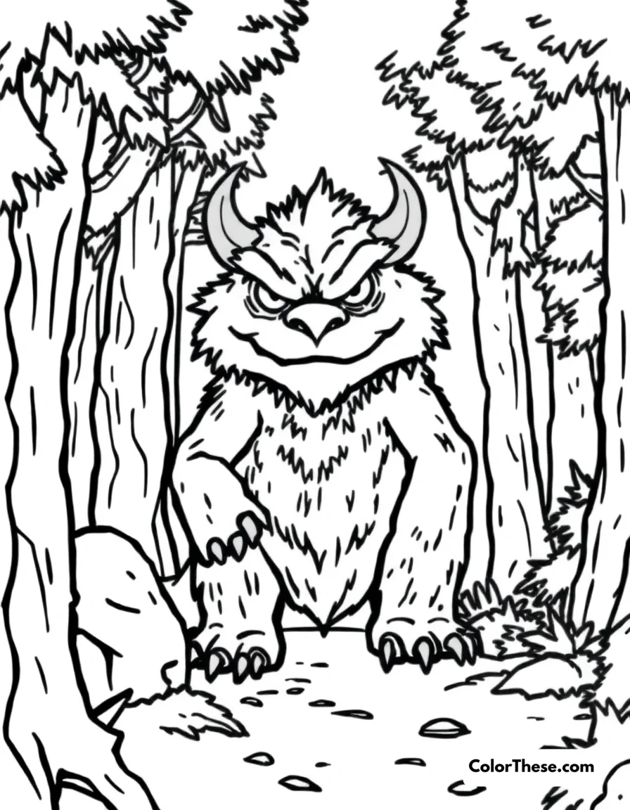 Free printable forest guardian monster coloring page for kids and adults. Download a free Forest Guardian Monster coloring page—perfect for all ages! Explore woodland details and bring this gentle mythical protector to life with color.