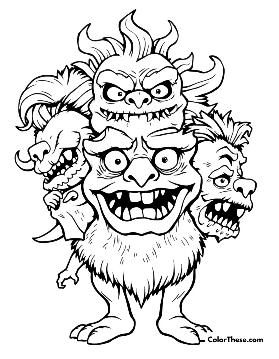 Free printable multi-headed monster coloring page for kids and adults. Download our free Multi-Headed Monster coloring page! Fun, silly monster heads and playful details make this printable PDF perfect for kids who love to color.