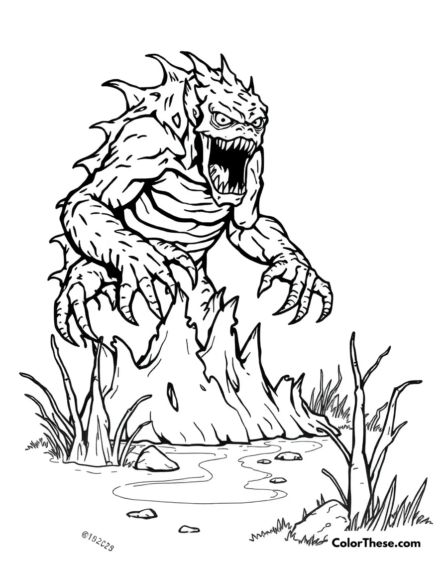Free printable swamp monster coloring page for kids and adults. Download a free Swamp Monster coloring page! This printable PDF features a funny monster in a swamp, perfect for kids to color and imagine their own wild story.