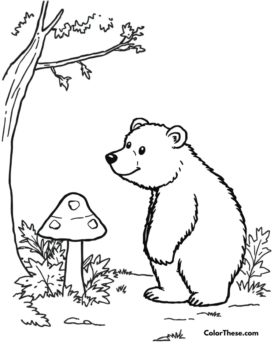 Free printable mushroom and bear scene coloring page for kids and adults. Download the Mushroom and Bear Scene coloring page—free printable PDF for kids and adults! Enjoy a charming woodland scene with a friendly bear and magical mushrooms.