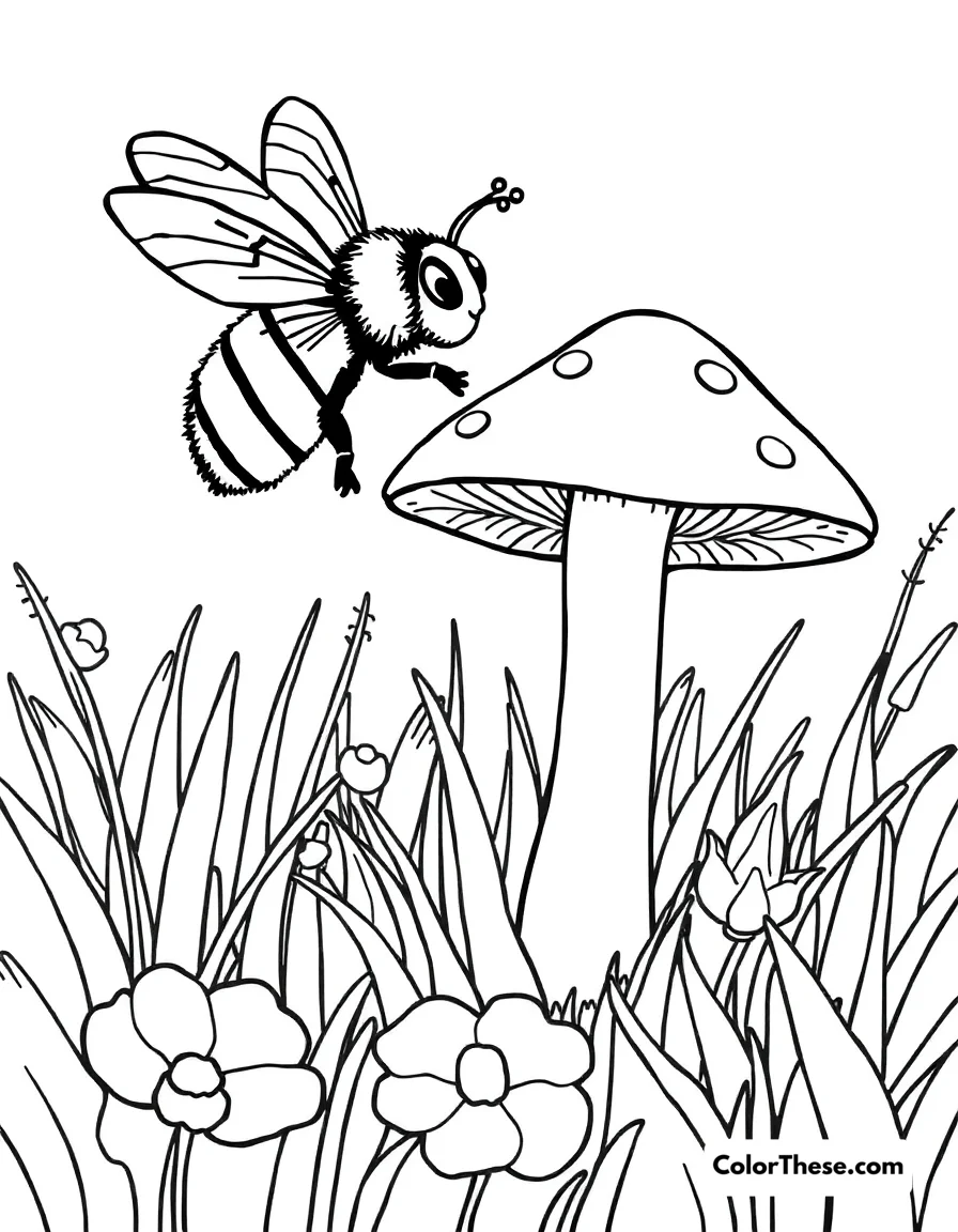 Free printable mushroom and bee scene coloring page for kids and adults. Download the Mushroom and Bee Scene coloring page – a free printable PDF perfect for kids! Enjoy bold outlines, cute details, and hours of creative fun.