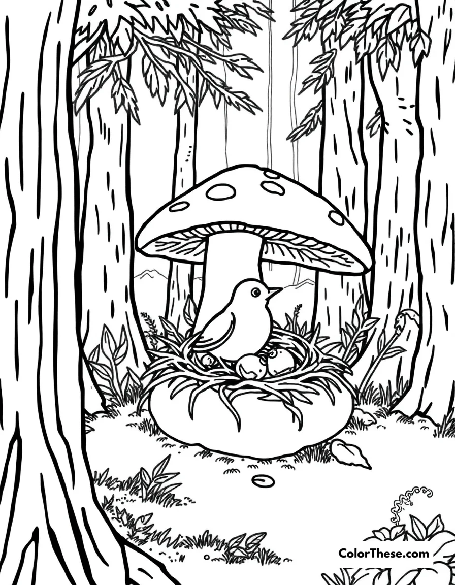 Mushroom and Bird Nest Scene coloring page