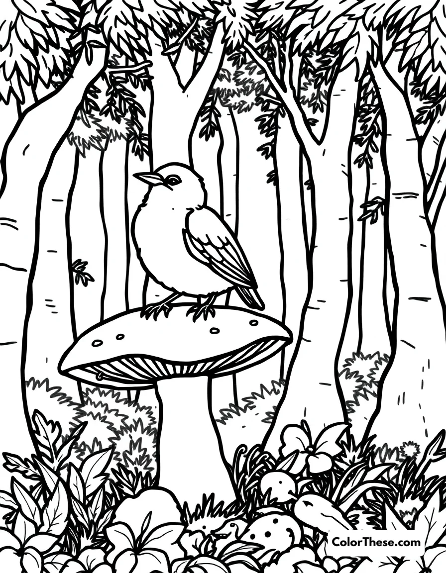 Mushroom and Bird Scene coloring page