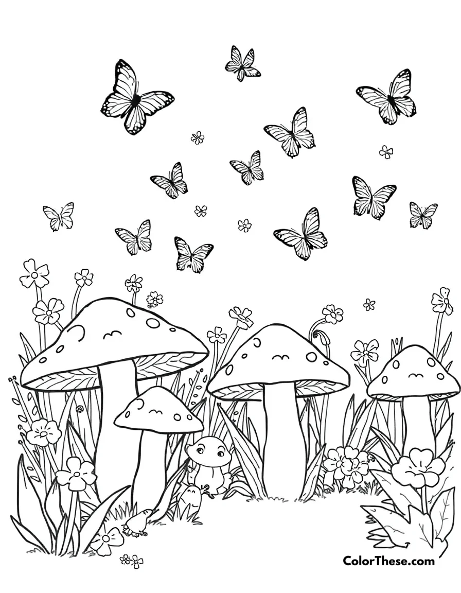 Mushroom and Butterfly Garden Scene coloring page