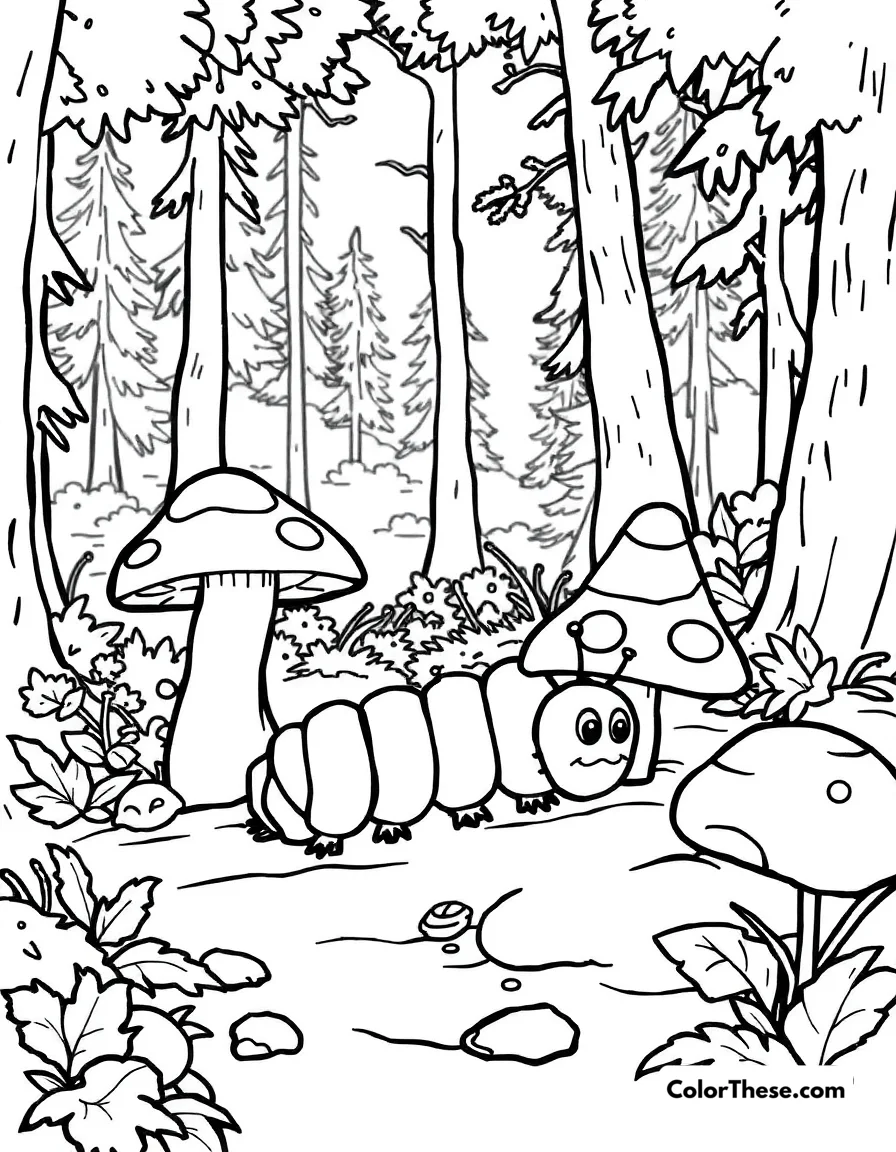 Free printable mushroom and caterpillar scene coloring page for kids and adults. Download our free Mushroom and Caterpillar Scene coloring page! Enjoy this printable PDF with charming woodland details—perfect for creative fun for all ages.