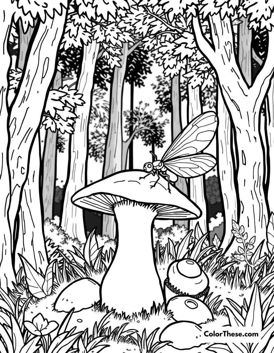Free printable mushroom and firefly scene coloring page for kids and adults. Download our Mushroom and Firefly Scene coloring page—free printable PDF for kids and adults! Enjoy whimsical mushrooms and glowing fireflies. Print and color today.