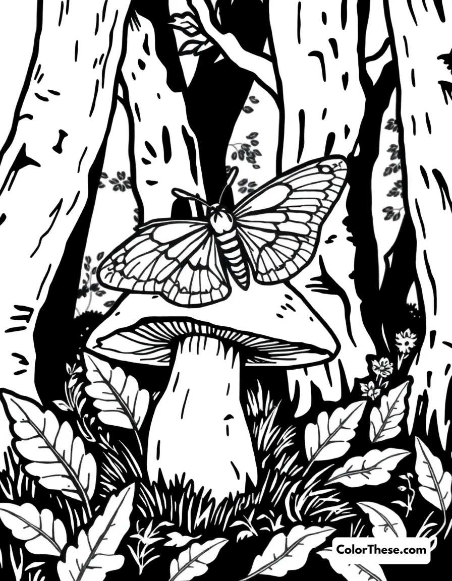 Mushroom and Moth Scene coloring page