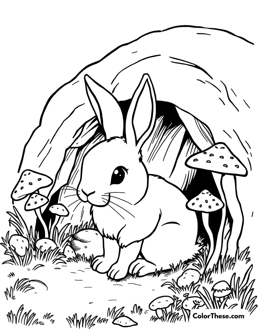 Mushroom and Rabbit Burrow Scene coloring page