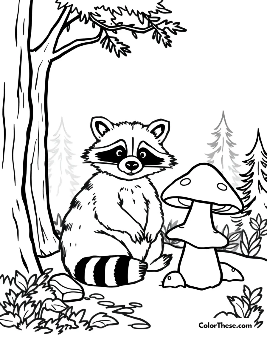 Free printable mushroom and raccoon scene coloring page for kids and adults. Download the Mushroom and Raccoon Scene coloring page as a free printable PDF. Enjoy charming woodland details—perfect for kids, adults, or family coloring!