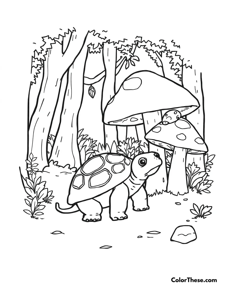 Free printable mushroom and turtle scene coloring page for kids and adults. Download and print the Mushroom and Turtle Scene coloring page for kids! Enjoy a cheerful turtle, a giant mushroom, and fun forest details—all free to color.