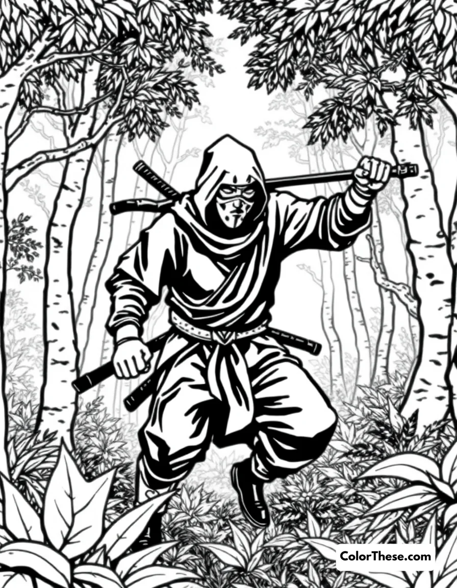 Free printable ninja in a forest coloring page for kids and adults. Download your free Ninja in a Forest coloring page! Perfect for kids who love adventure. Print, color, and imagine your own ninja story among the trees.