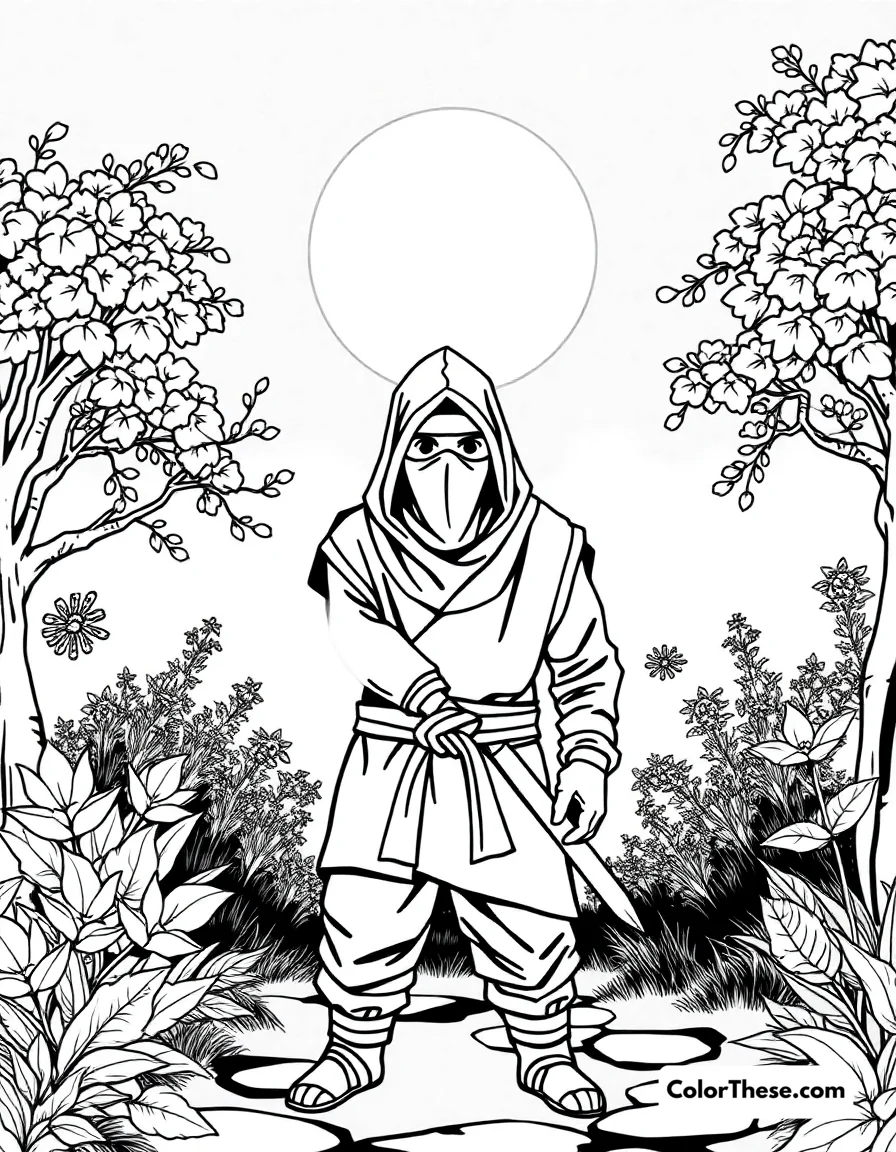Free printable ninja in a moonlit garden coloring page for kids and adults. Unwind with the Ninja in a Moonlit Garden coloring page—free printable PDF for all ages! Download, print, and color a tranquil nighttime scene full of detail.