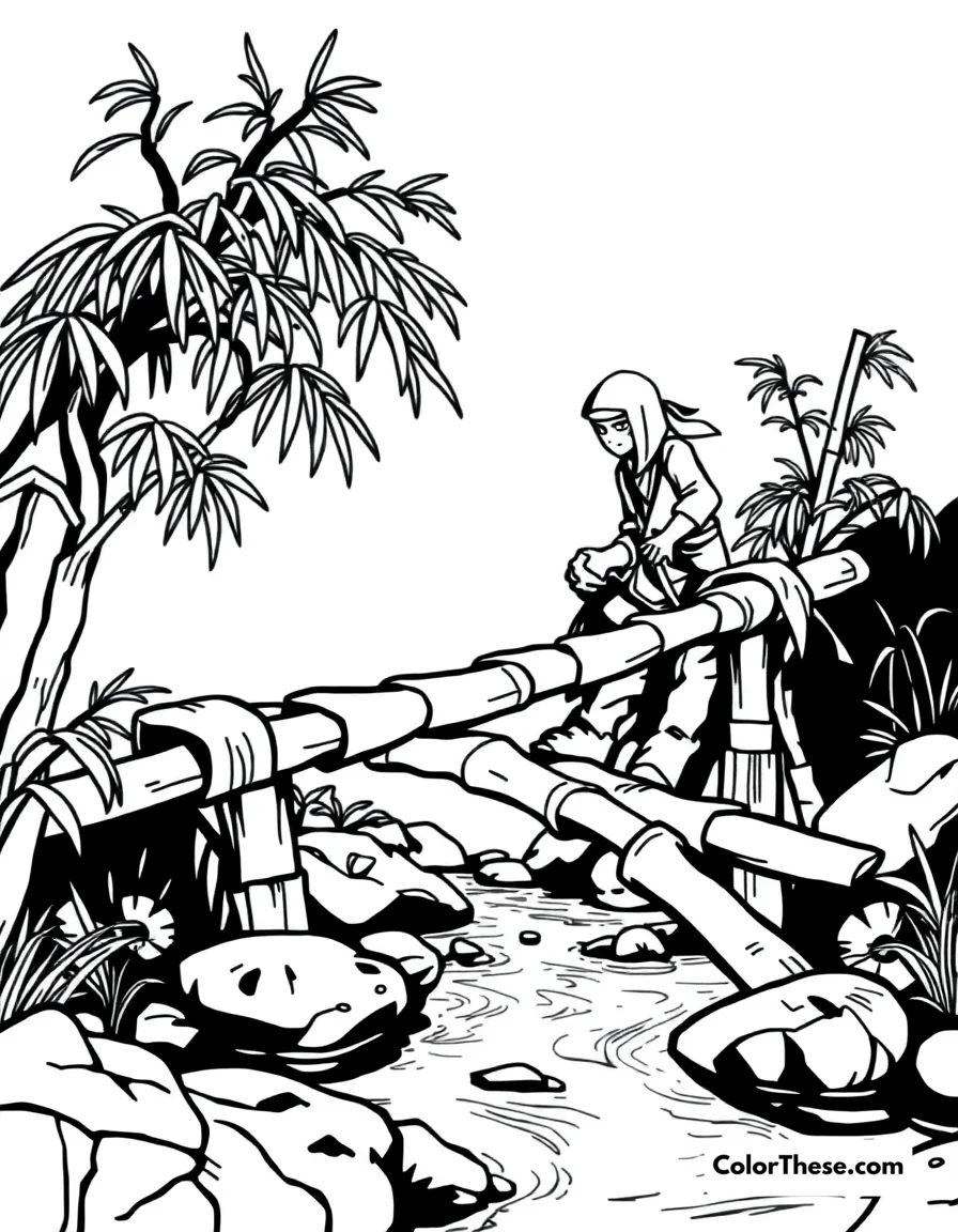 Free printable ninja on a bamboo bridge coloring page for kids and adults. Bring adventure to life with this Ninja on a Bamboo Bridge coloring page! Free printable PDF for kids and adults, perfect for creative, relaxing fun.