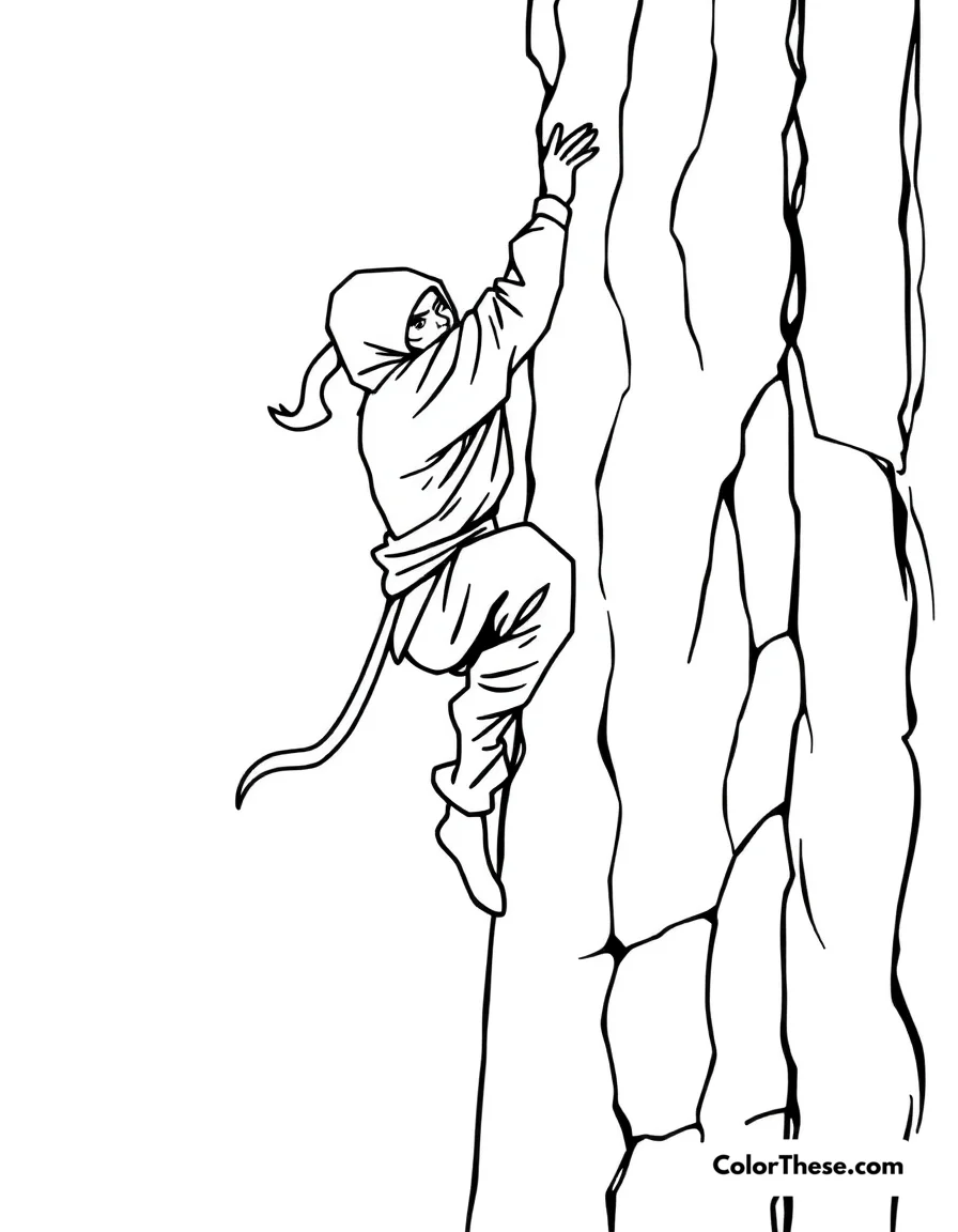 Free printable ninja scaling a wall coloring page for kids and adults. Bring your imagination to life with the Ninja Scaling a Wall coloring page! Download this free printable PDF for action-packed, creative fun for all ages.