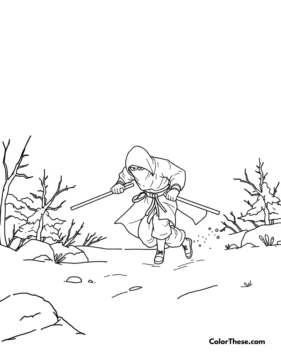 Free printable ninja in a snowy landscape coloring page for kids and adults. Enjoy our Ninja in a Snowy Landscape coloring page! Download the free printable PDF for kids and adults, and bring this wintry ninja adventure to life.