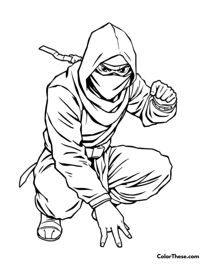 Free printable ninja in stealth mode coloring page for kids and adults. Download and print a free Ninja in Stealth Mode coloring page for kids! Stealthy ninja scenes, bold outlines, and creative fun—perfect for young artists.