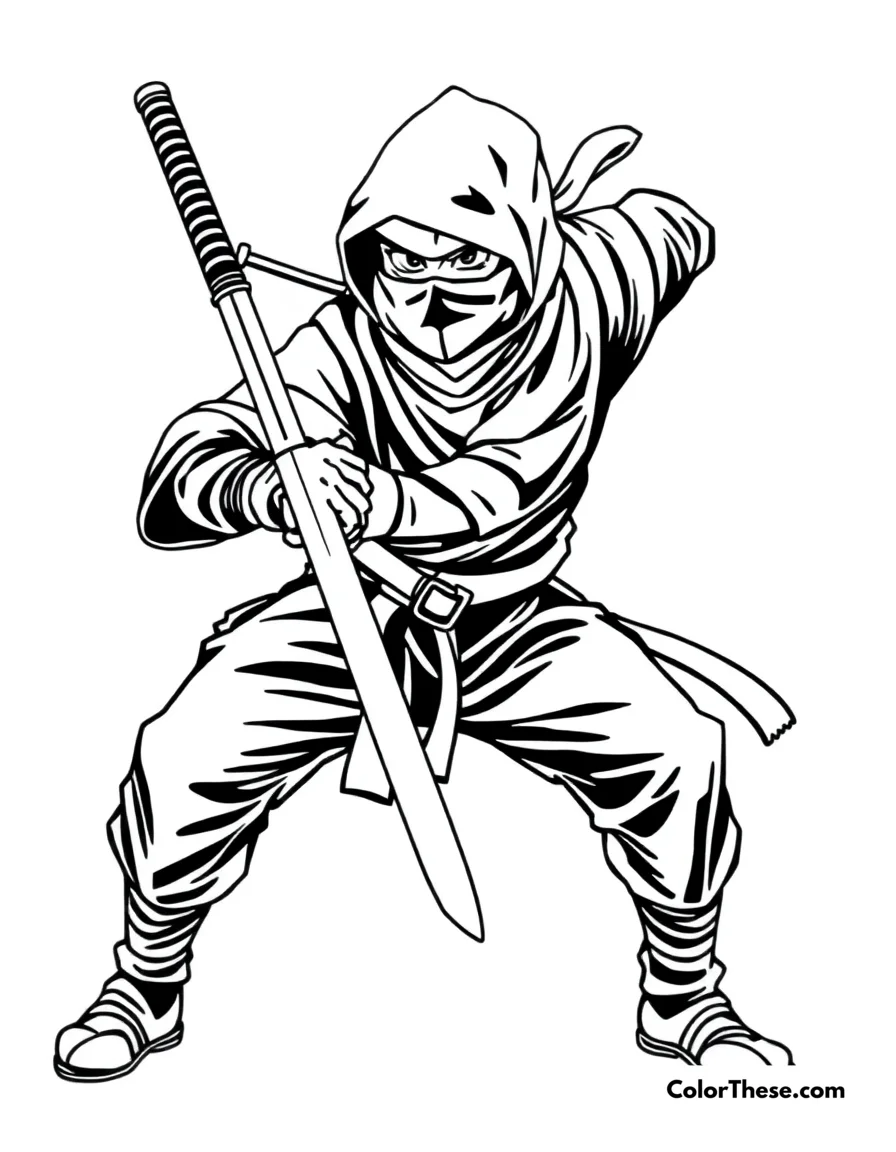 Free printable ninja with a katana coloring page for kids and adults. Download a free Ninja with a Katana coloring page! Perfect for kids and adults, this printable PDF features a dynamic ninja scene ready for your creative colors.
