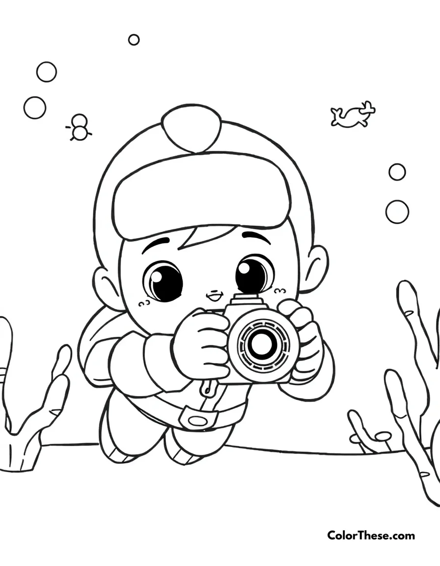 Free printable dashi taking underwater photos coloring page for kids and adults. Dive into creativity with our Dashi Taking Underwater Photos coloring page! Download, print, and color Dashi’s ocean adventure—perfect for kids who love sea life.