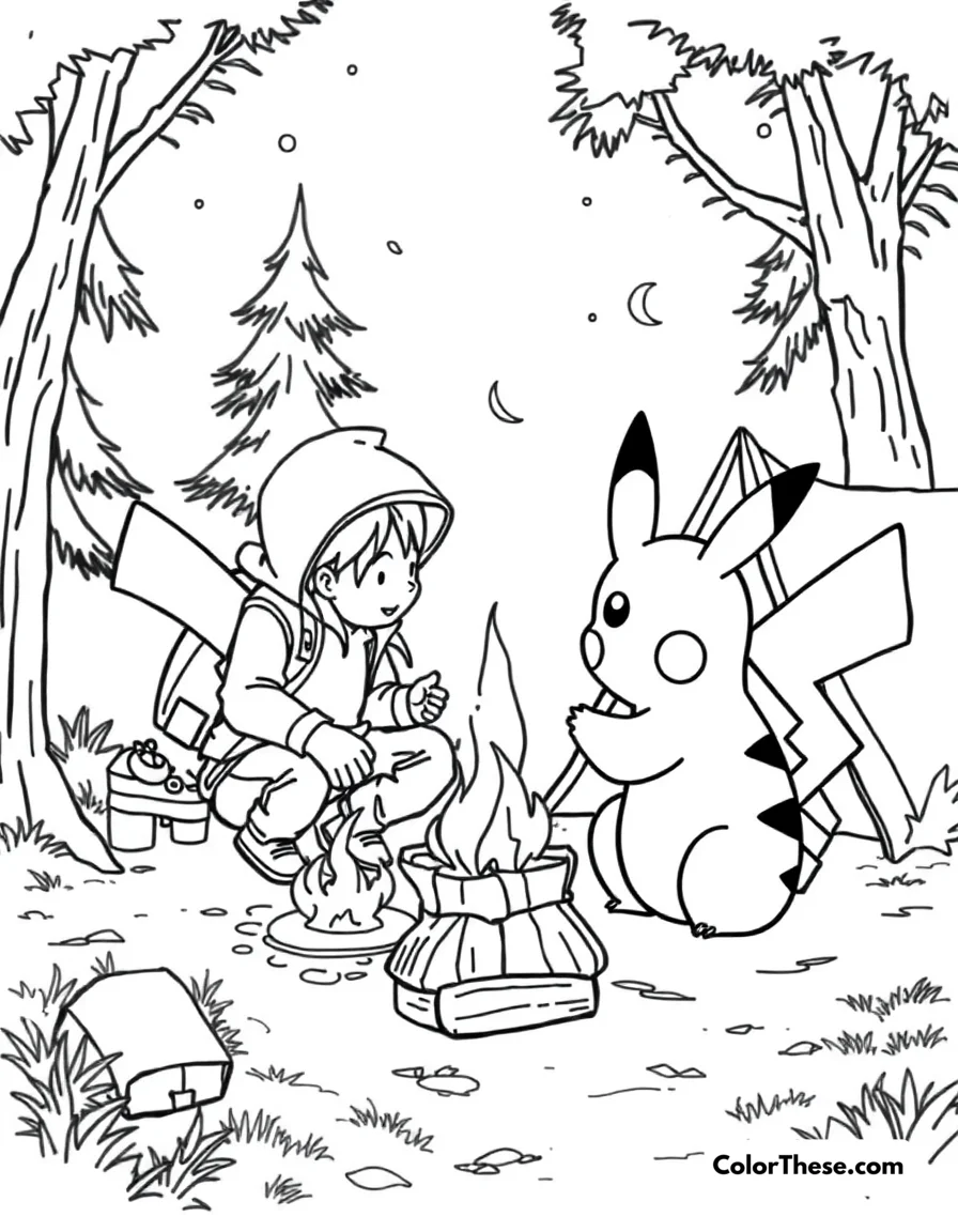Pikachu and Ash Camping coloring page