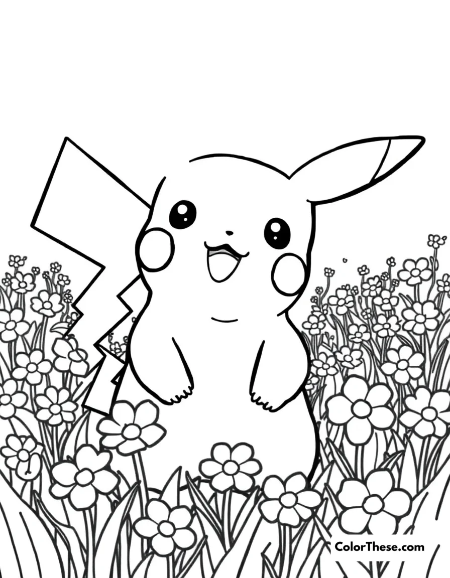 Pikachu in a Flower Field coloring page