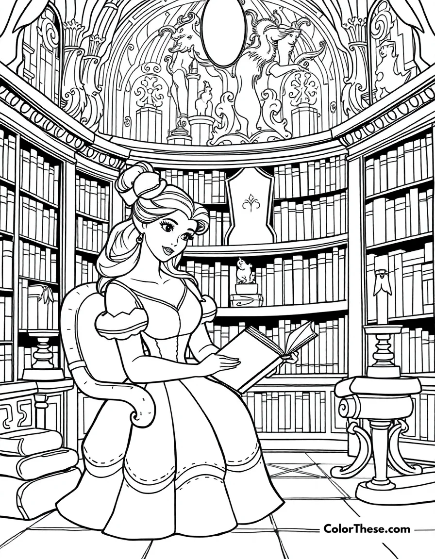 Belle Reading in the Library coloring page