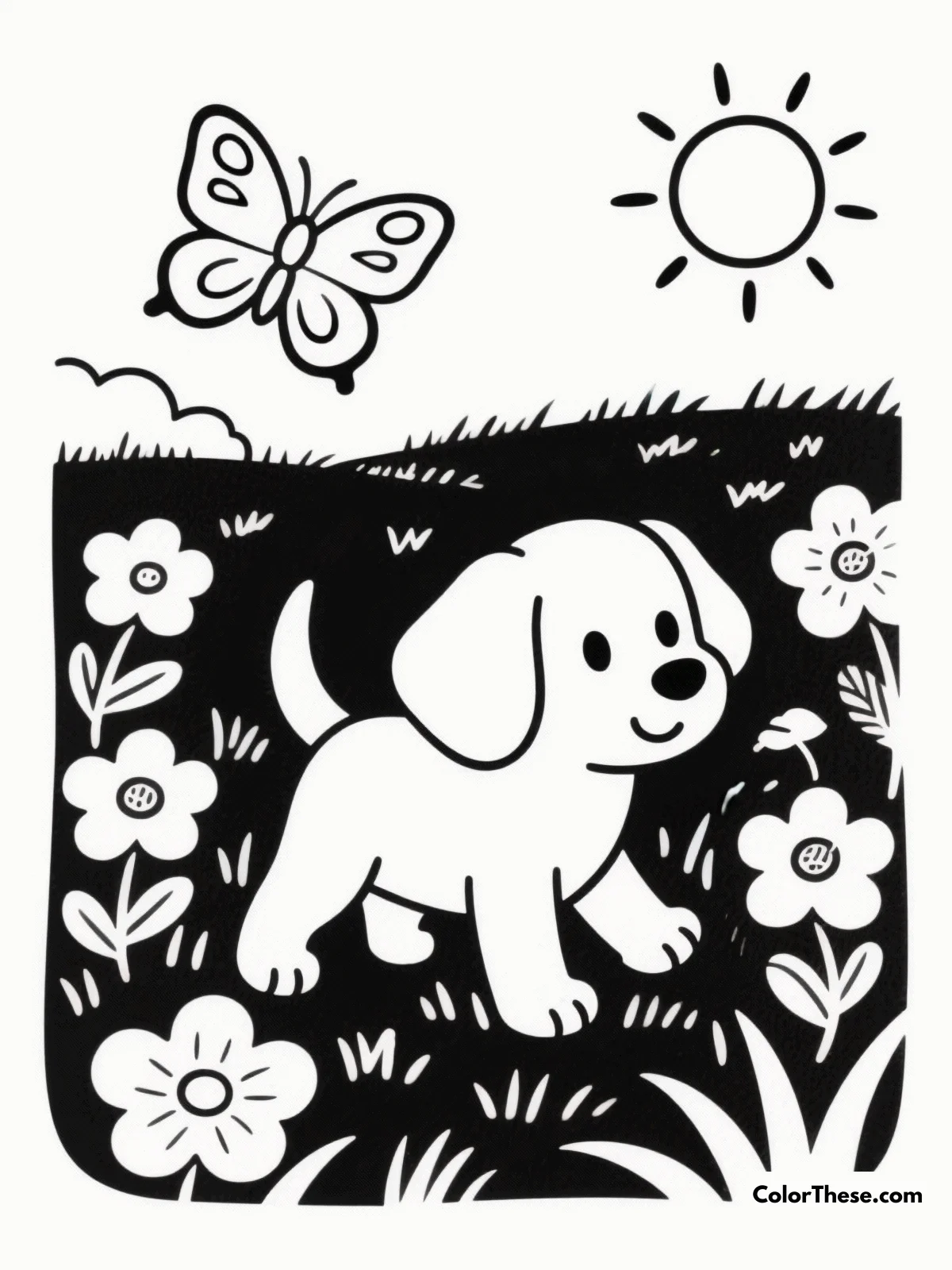 Playful Puppy in a Meadow coloring page