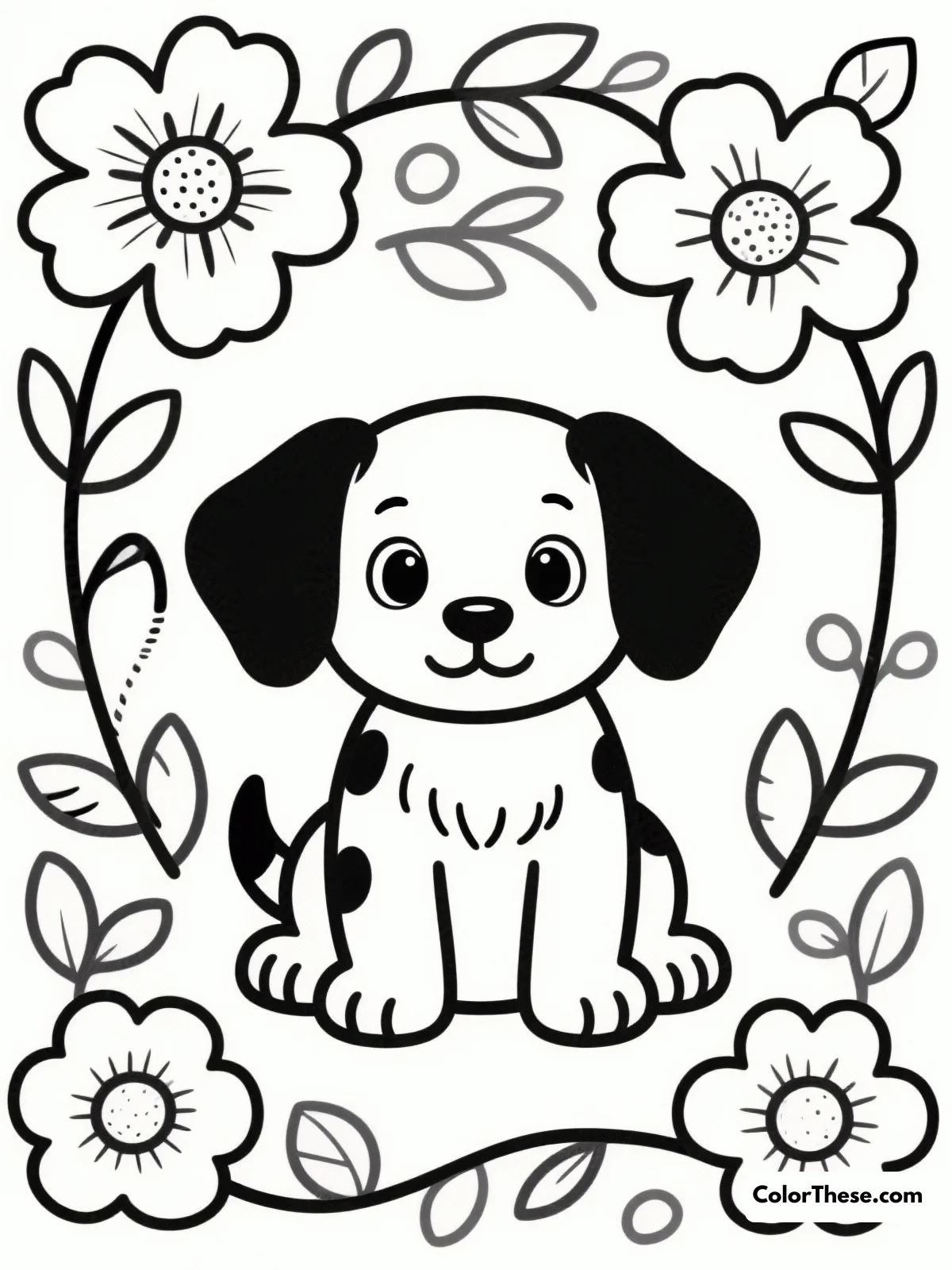 Puppy and Floral Design coloring page