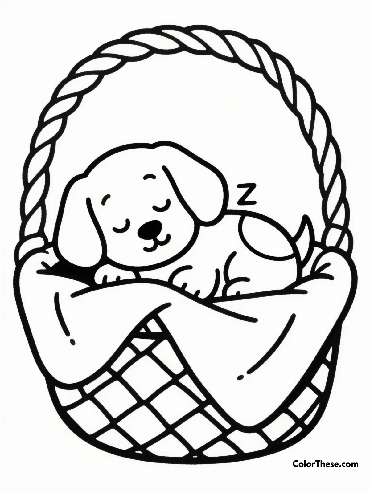 Sleeping Puppy in a Basket coloring page