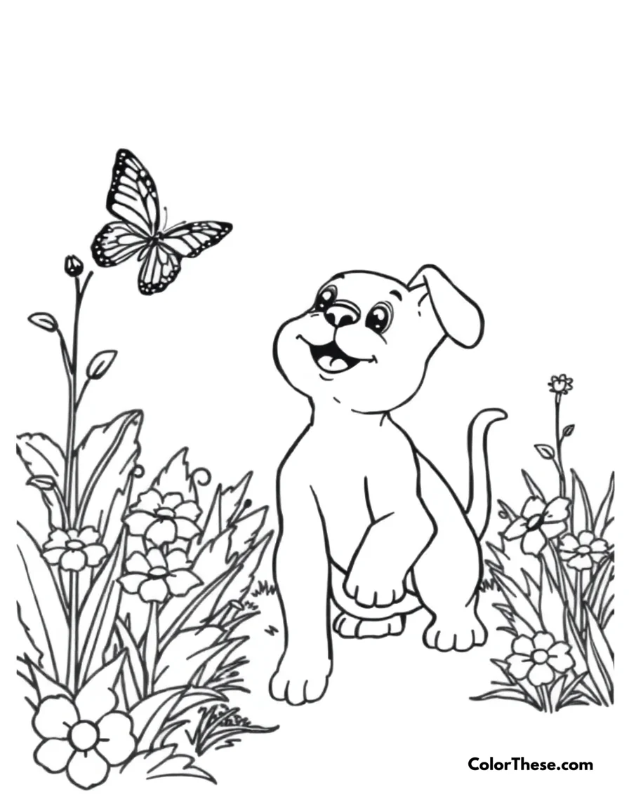 Free printable puppy with a butterfly coloring page for kids and adults. Download our free Puppy with a Butterfly coloring page! This printable PDF is perfect for kids who love cute animals and creative coloring fun.