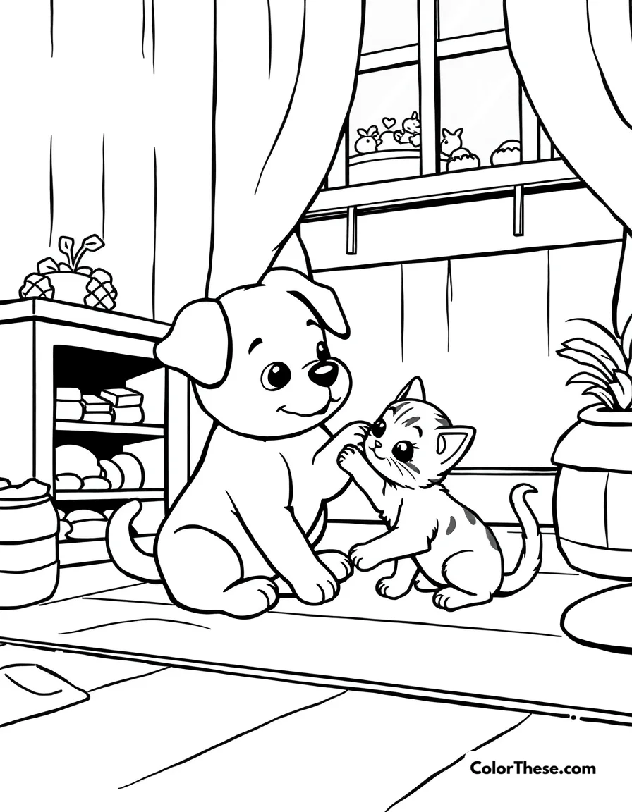 Free printable puppy with a kitten friend coloring page for kids and adults. Download this adorable Puppy with a Kitten Friend coloring page for kids! Free printable PDF, easy shapes, and animal fun—perfect for creative young artists.