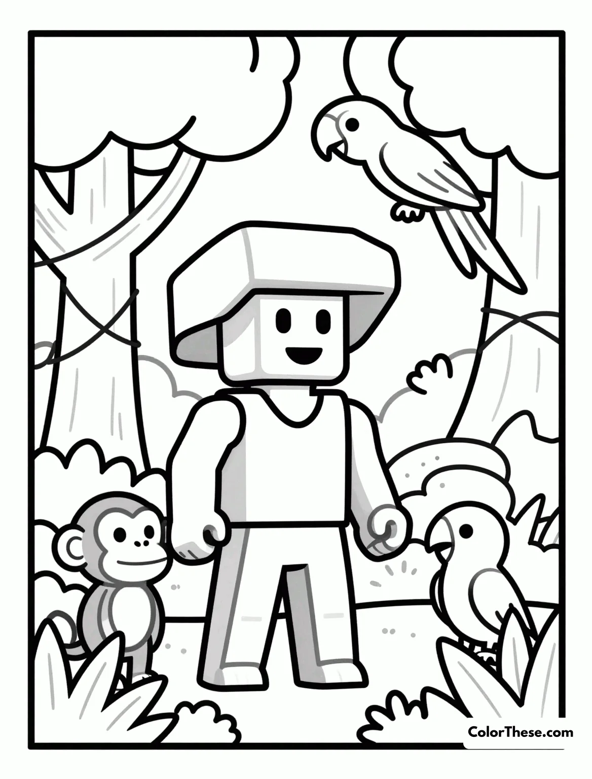 Free printable roblox jungle safari coloring page for kids and adults. Download and print this free Roblox Jungle Safari coloring page! Bring your favorite Roblox explorers and jungle animals to life with your best colors.