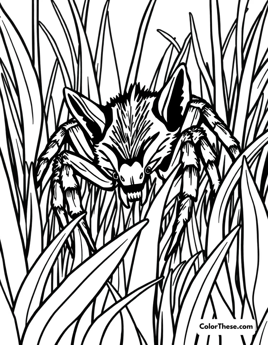 Free printable wolf spider in the grass coloring page for kids and adults. Download and print the Wolf Spider in the Grass coloring page—perfect for all ages! Explore natural textures and bring this detailed spider scene to life.