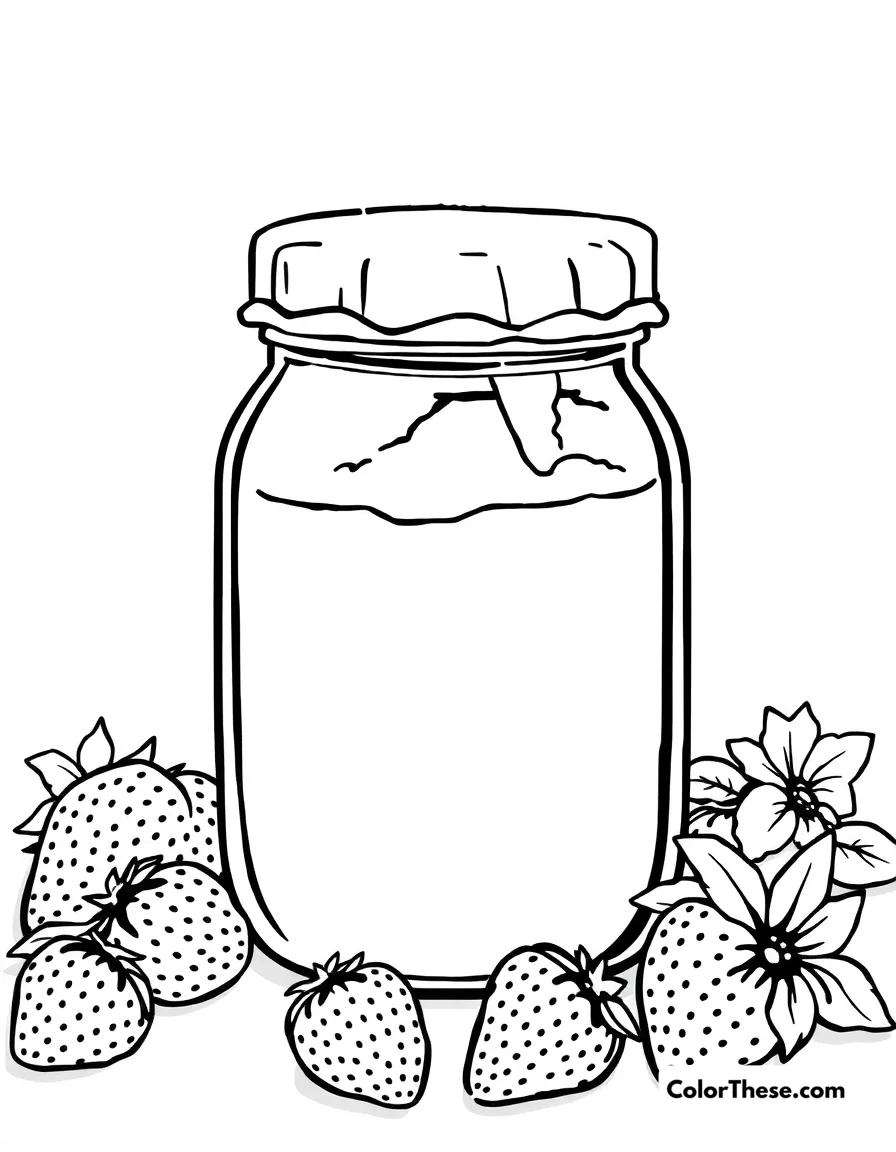 Free printable strawberry jam jar coloring page for kids and adults. Download a free Strawberry Jam Jar coloring page! This printable PDF features a charming jam jar and strawberries—fun for kids or adults to color and enjoy.