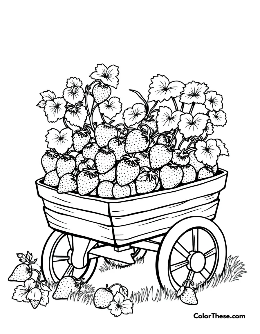 Free printable strawberry wagon coloring page for kids and adults. Enjoy hours of creative fun with our Strawberry Wagon coloring page! Download the free printable PDF, perfect for kids and adults to color and relax.