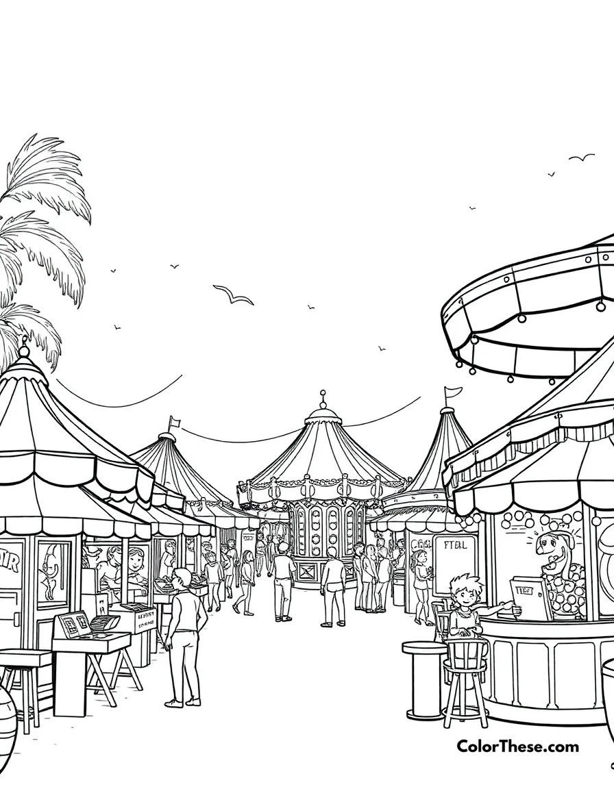 Free printable summer carnival coloring page for kids and adults. Bring the fun to your table with our Summer Carnival coloring page! Download, print, and color this festive scene—perfect for all ages and free to enjoy.