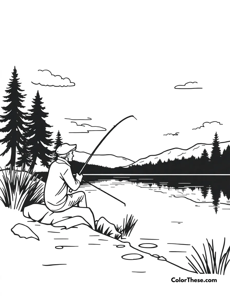 Free printable summer fishing coloring page for kids and adults. Relax with our Summer Fishing coloring page! Download this free printable PDF for all ages and color a peaceful lakeside adventure full of summer charm.