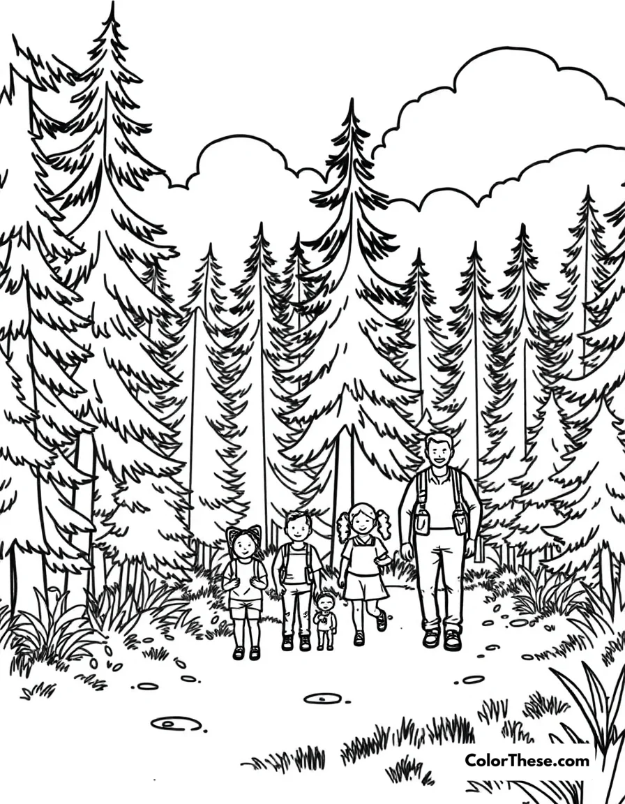 Free printable summer hiking coloring page for kids and adults. Explore the outdoors with a free Summer Hiking coloring page! Perfect for all ages, this printable PDF features hikers, wildlife, and beautiful summer scenery.