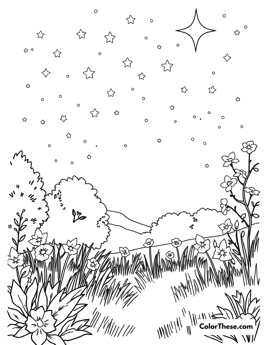 Free printable summer starry night coloring page for kids and adults. Download the Summer Starry Night coloring page—an enchanting free printable for all ages. Enjoy coloring a magical summer night sky filled with stars and wonder.